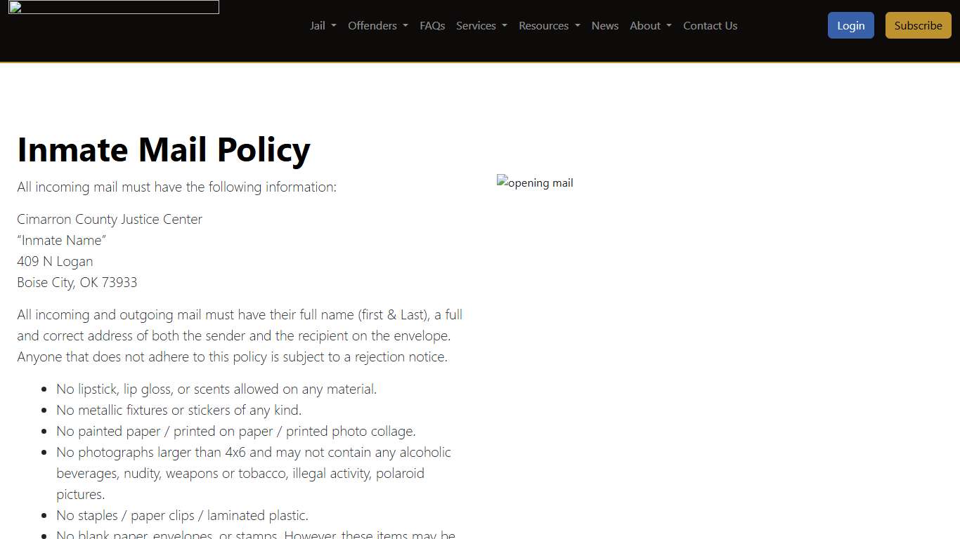 Inmate Mail and Phone Policy Cimarron County Sheriff's Office Oklahoma